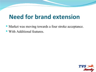 Need for brand extension Market was moving towards a four stroke acceptance. With Additional features. 