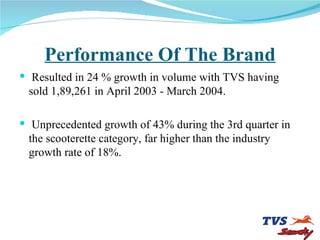 Performance Of The Brand <ul><li>Resulted in 24 % growth in volume with TVS having sold 1,89,261 in April 2003 - March 200...
