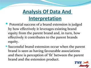 Analysis Of Data And    Interpretation Potential success of a brand extension is judged by how effectively it leverages existing brand equity from the parent brand and, in turn, how effectively it contributes to the parent brands equity. Successful brand extension occur when the parent brand is seen as having favourable associations and there is perception of ‘fit’ between the parent brand and the extension product. 