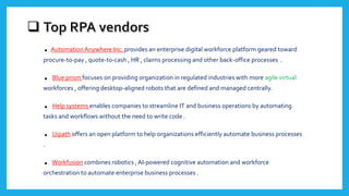 .Automation Anywhere Inc. provides an enterprise digital workforce platform geared toward
procure-to-pay , quote-to-cash , HR , claims processing and other back-office processes .
. Blue prism focuses on providing organization in regulated industries with more agile virtual
workforces , offering desktop-aligned robots that are defined and managed centrally.
. Help systems enables companies to streamline IT and business operations by automating
tasks and workflows without the need to write code .
. Uipath offers an open platform to help organizations efficiently automate business processes
.
. Workfusion combines robotics , AI-powered cognitive automation and workforce
orchestration to automate enterprise business processes .
 