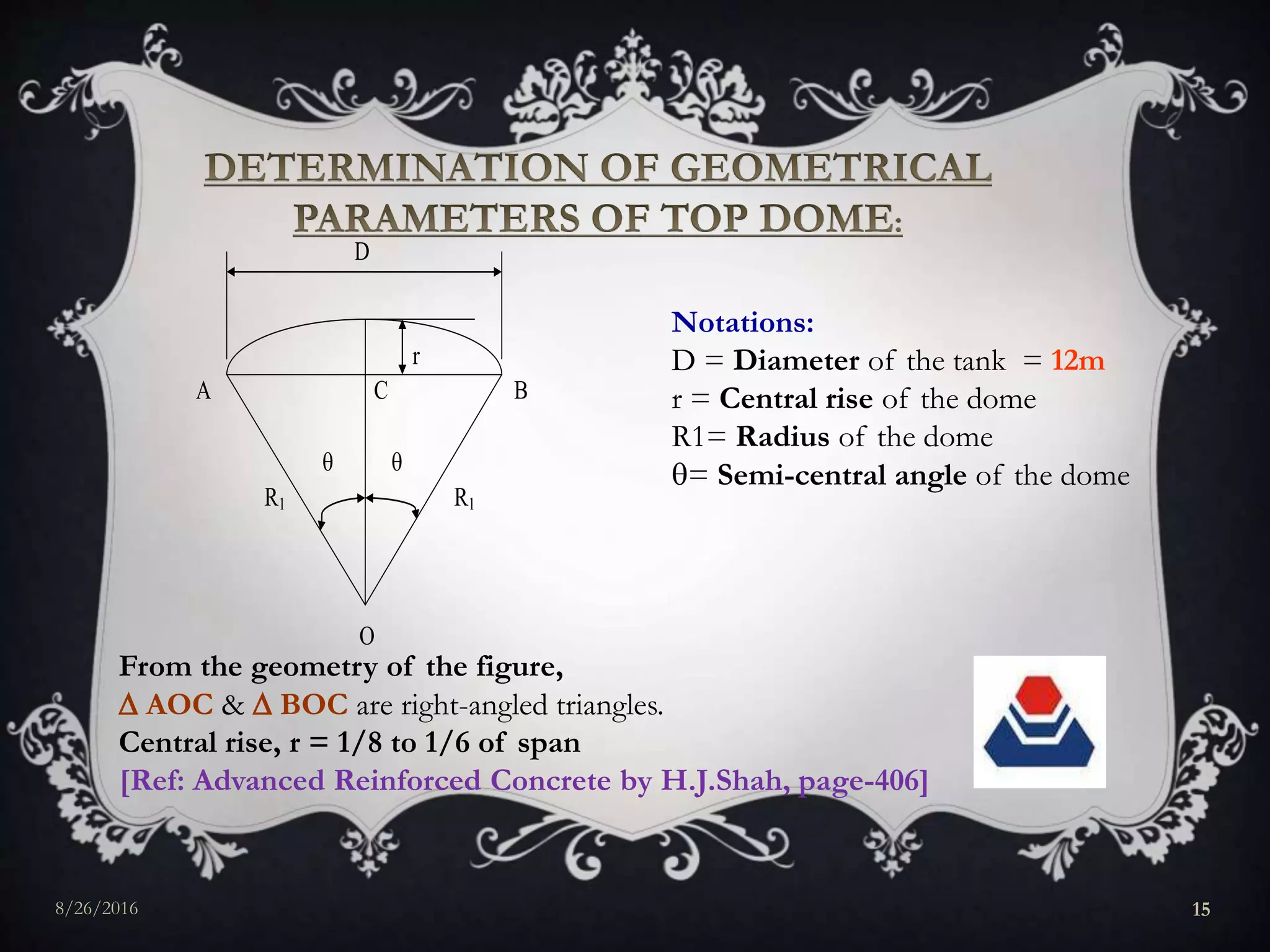 D
r
A C B
 
R1 R1
O
Notations:
D = Diameter of the tank = 12m
r = Central rise of the dome
R1= Radius of the dome
= Semi-central angle of the dome
From the geometry of the figure,
 AOC &  BOC are right-angled triangles.
Central rise, r = 1/8 to 1/6 of span
[Ref: Advanced Reinforced Concrete by H.J.Shah, page-406]
8/26/2016 15
 