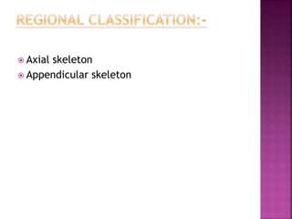  Axial skeleton
 Appendicular skeleton
 