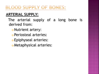 ARTERIAL SUPPLY:
The arterial supply of a long bone is
derived from:
 Nutrient artery:
 Periosteal arteries:
 Epiphyseal arteries:
 Metaphysical arteries:
 