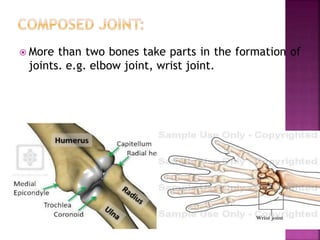  More than two bones take parts in the formation of
joints. e.g. elbow joint, wrist joint.
 