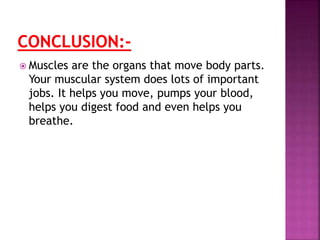  Muscles are the organs that move body parts.
Your muscular system does lots of important
jobs. It helps you move, pumps your blood,
helps you digest food and even helps you
breathe.
 