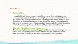 PRODUCTS
• Business Plan
Instead of lots of paper, you get a set of interwoven electronic datasheets,
where everything is customized according to your case. This application allows
you to rehearse every possible scenario affecting your business, from the most
optimistic to the most pessimistic. If you change the wage of an employee or
the price of an input, every related datasheet is automatically updated. And we
will help you manage these datasheets until your plan is solid enough.
• Financial Crisis Planning and Management
Unfortunately, financial crises do happen. And in most cases, finding a way out
of the crisis and getting to walk alone in the midst of it is rather difficult.
ProLucro searches for ways and helps people to walk through them.
 