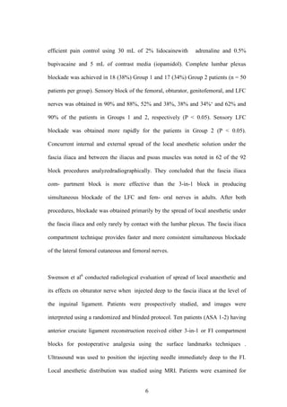 6
efficient pain control using 30 mL of 2% lidocainewith adrenaline and 0.5%
bupivacaine and 5 mL of contrast media (iopamidol). Complete lumbar plexus
blockade was achieved in 18 (38%) Group 1 and 17 (34%) Group 2 patients (n = 50
patients per group). Sensory block of the femoral, obturator, genitofemoral, and LFC
nerves was obtained in 90% and 88%, 52% and 38%, 38% and 34%„ and 62% and
90% of the patients in Groups 1 and 2, respectively (P < 0.05). Sensory LFC
blockade was obtained more rapidly for the patients in Group 2 (P < 0.05).
Concurrent internal and external spread of the local anesthetic solution under the
fascia iliaca and between the iliacus and psoas muscles was noted in 62 of the 92
block procedures analyzedradiographically. They concluded that the fascia iliaca
com- partment block is more effective than the 3-in-1 block in producing
simultaneous blockade of the LFC and fem- oral nerves in adults. After both
procedures, blockade was obtained primarily by the spread of local anesthetic under
the fascia iliaca and only rarely by contact with the lumbar plexus. The fascia iliaca
compartment technique provides faster and more consistent simultaneous blockade
of the lateral femoral cutaneous and femoral nerves.
Swenson et al6
conducted radiological evaluation of spread of local anaesthetic and
its effects on obturator nerve when injected deep to the fascia iliaca at the level of
the inguinal ligament. Patients were prospectively studied, and images were
interpreted using a randomized and blinded protocol. Ten patients (ASA 1-2) having
anterior cruciate ligament reconstruction received either 3-in-1 or FI compartment
blocks for postoperative analgesia using the surface landmarks techniques .
Ultrasound was used to position the injecting needle immediately deep to the FI.
Local anesthetic distribution was studied using MRI. Patients were examined for
 