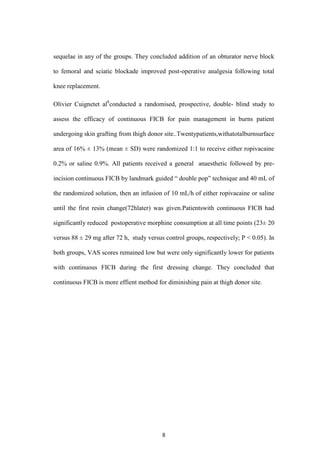 8
sequelae in any of the groups. They concluded addition of an obturator nerve block
to femoral and sciatic blockade improved post-operative analgesia following total
knee replacement.
Olivier Cuignetet al8
conducted a randomised, prospective, double- blind study to
assess the efficacy of continuous FICB for pain management in burns patient
undergoing skin grafting from thigh donor site..Twentypatients,withatotalburnsurface
area of 16% ± 13% (mean ± SD) were randomized 1:1 to receive either ropivacaine
0.2% or saline 0.9%. All patients received a general anaesthetic followed by pre-
incision continuous FICB by landmark guided “ double pop” technique and 40 mL of
the randomized solution, then an infusion of 10 mL/h of either ropivacaine or saline
until the first resin change(72hlater) was given.Patientswith continuous FICB had
significantly reduced postoperative morphine consumption at all time points (23± 20
versus 88 ± 29 mg after 72 h, study versus control groups, respectively; P < 0.05). In
both groups, VAS scores remained low but were only significantly lower for patients
with continuous FICB during the first dressing change. They concluded that
continuous FICB is more effient method for diminishing pain at thigh donor site.
 