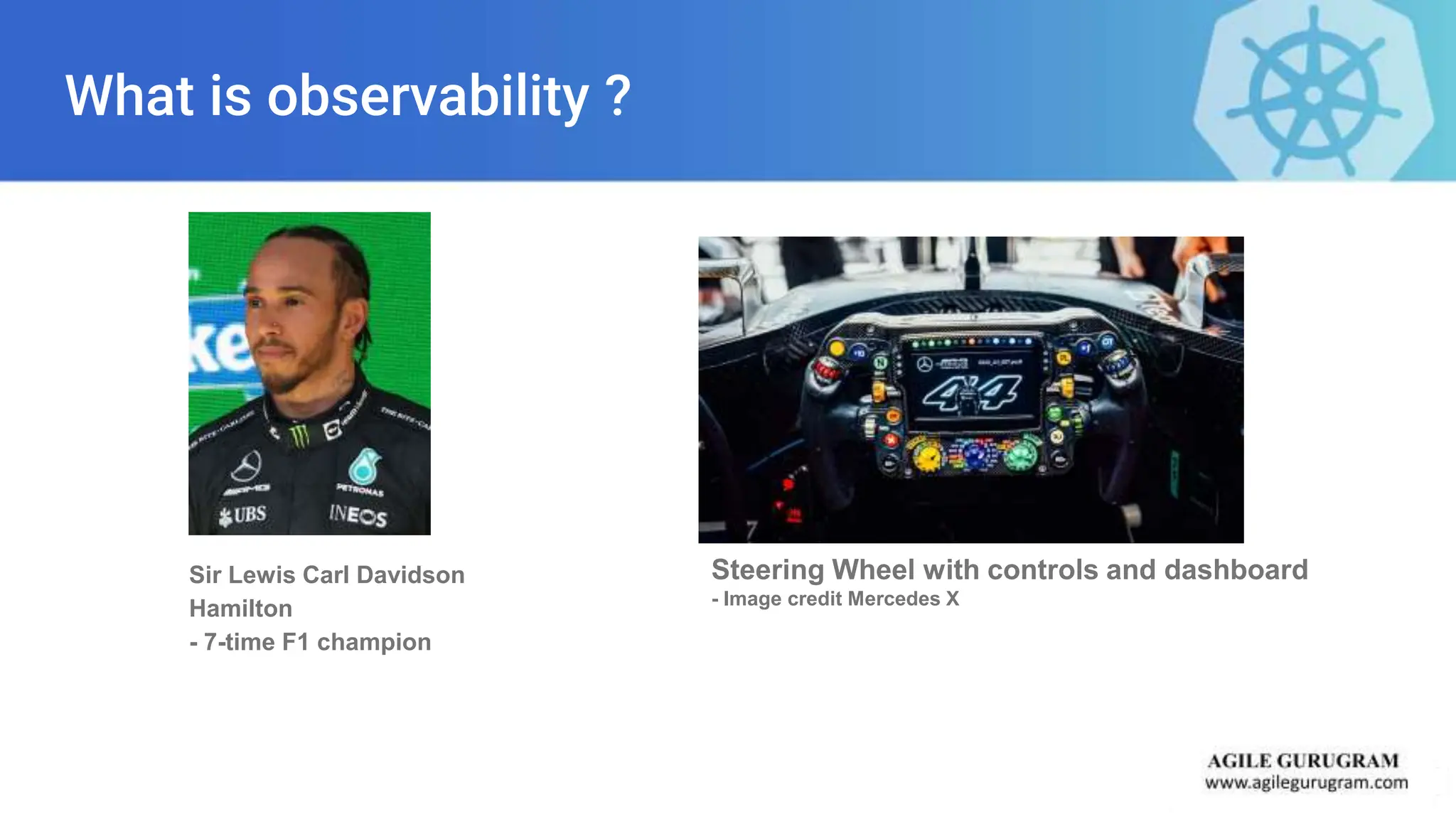What is observability ?
Sir Lewis Carl Davidson
Hamilton
- 7-time F1 champion
Steering Wheel with controls and dashboard
- Image credit Mercedes X
 
