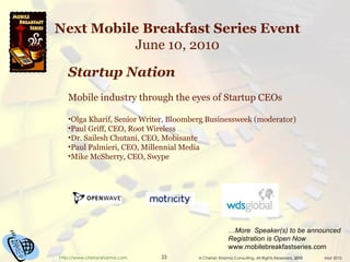 Next Mobile Breakfast Series Event June 10, 2010 … More  Speaker(s) to be announced Registration is Open Now www.mobilebreakfastseries.com Startup Nation Mobile industry through the eyes of Startup CEOs Olga Kharif, Senior Writer, Bloomberg Businessweek (moderator) Paul Griff, CEO, Root Wireless Dr. Sailesh Chutani, CEO, Mobisante Paul Palmieri, CEO, Millennial Media Mike McSherry, CEO, Swype 