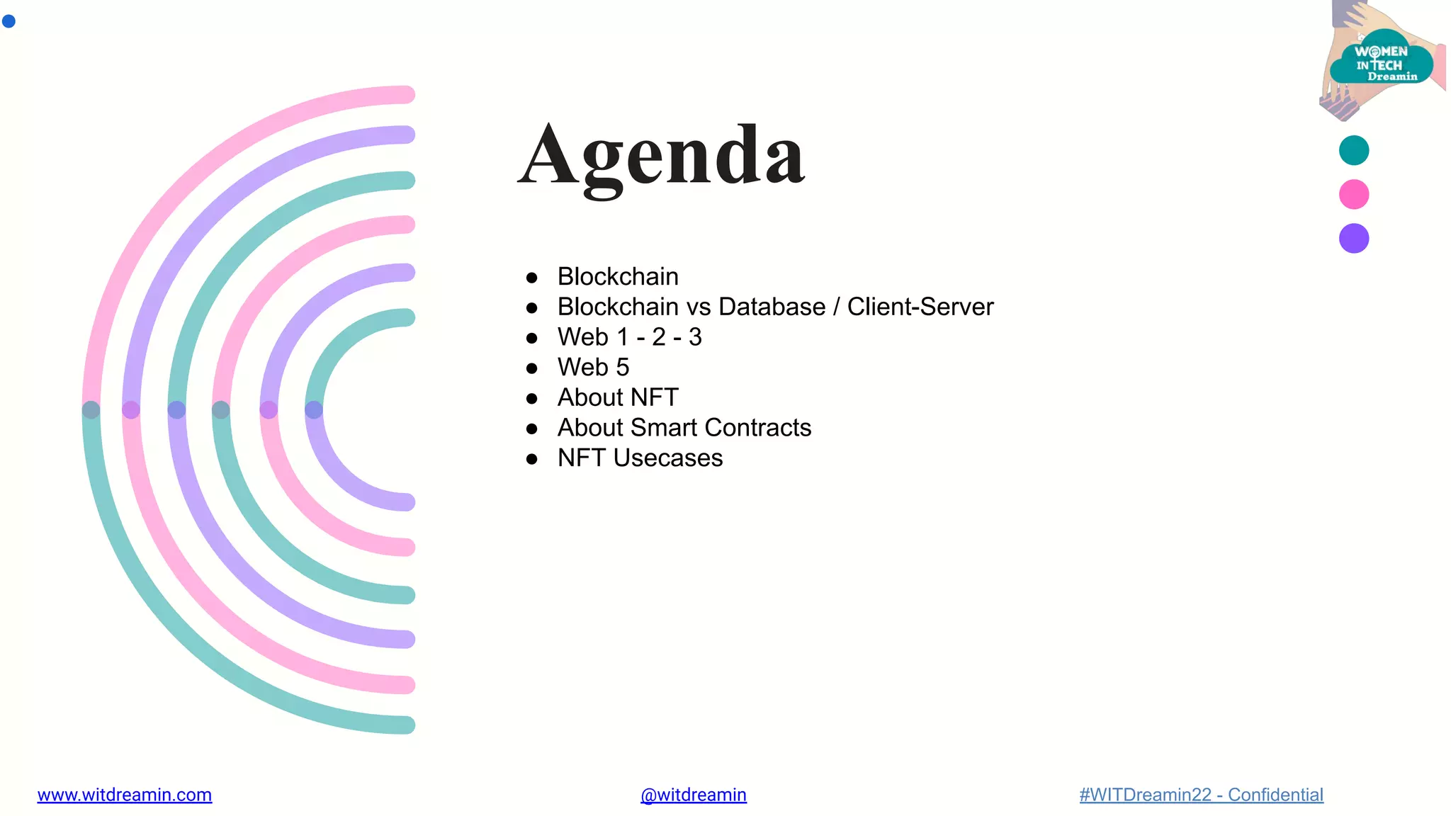 ●
Agenda
www.witdreamin.com @witdreamin #WITDreamin22 - Confidential
● Blockchain
● Blockchain vs Database / Client-Server
● Web 1 - 2 - 3
● Web 5
● About NFT
● About Smart Contracts
● NFT Usecases
 