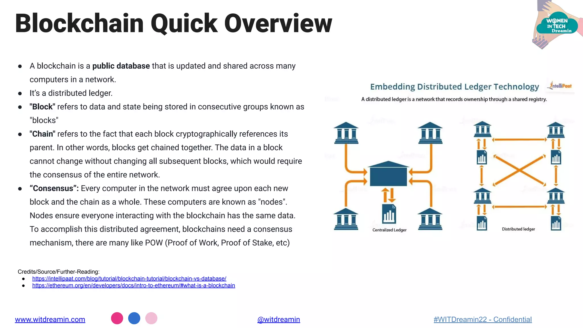 ● A blockchain is a public database that is updated and shared across many
computers in a network.
● It’s a distributed ledger.
● "Block" refers to data and state being stored in consecutive groups known as
"blocks"
● "Chain" refers to the fact that each block cryptographically references its
parent. In other words, blocks get chained together. The data in a block
cannot change without changing all subsequent blocks, which would require
the consensus of the entire network.
● “Consensus”: Every computer in the network must agree upon each new
block and the chain as a whole. These computers are known as "nodes".
Nodes ensure everyone interacting with the blockchain has the same data.
To accomplish this distributed agreement, blockchains need a consensus
mechanism, there are many like POW (Proof of Work, Proof of Stake, etc)
Blockchain Quick Overview
www.witdreamin.com @witdreamin #WITDreamin22 - Confidential
Credits/Source/Further-Reading:
● https://intellipaat.com/blog/tutorial/blockchain-tutorial/blockchain-vs-database/
● https://ethereum.org/en/developers/docs/intro-to-ethereum/#what-is-a-blockchain
 