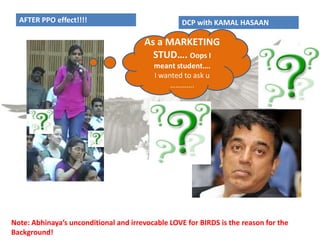 Note: Abhinaya’s unconditional and irrevocable LOVE for BIRDS is the reason for the
Background!
AFTER PPO effect!!!!
As a MARKETING
STUD…. Oops I
meant student….
I wanted to ask u
………….
DCP with KAMAL HASAAN
 