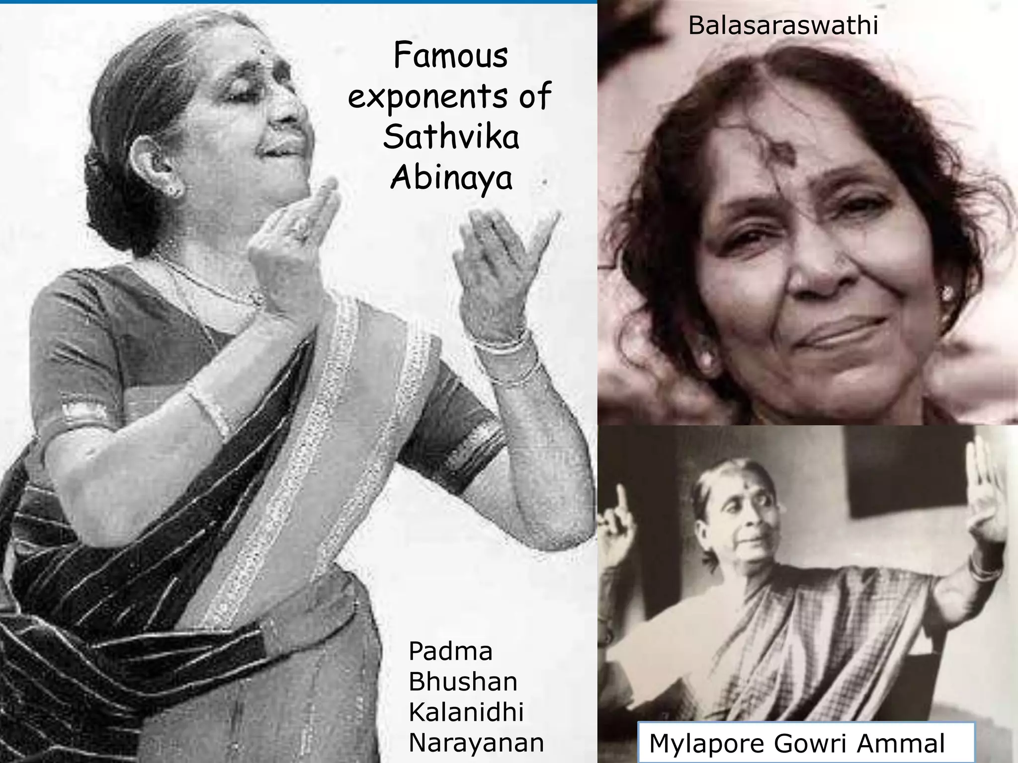Famous
exponents of
Sathvika
Abinaya
Padma
Bhushan
Kalanidhi
Narayanan
Balasaraswathi
Mylapore Gowri Ammal
 
