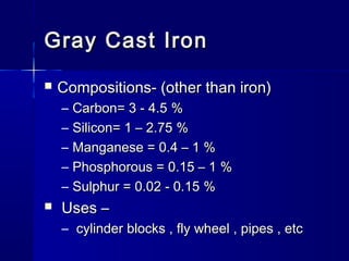 Gray Cast IronGray Cast Iron
 Compositions- (other than iron)Compositions- (other than iron)
– Carbon= 3 - 4.5 %Carbon= 3 - 4.5 %
– Silicon= 1 – 2.75 %Silicon= 1 – 2.75 %
– Manganese = 0.4 – 1 %Manganese = 0.4 – 1 %
– Phosphorous = 0.15 – 1 %Phosphorous = 0.15 – 1 %
– Sulphur = 0.02 - 0.15 %Sulphur = 0.02 - 0.15 %
 Uses –Uses –
– cylinder blocks , fly wheel , pipes , etccylinder blocks , fly wheel , pipes , etc
 