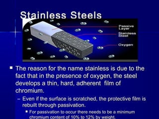 Stainless SteelsStainless Steels
 The reason for the name stainless is due to theThe reason for the name stainless is due to the
fact that in the presence of oxygen, the steelfact that in the presence of oxygen, the steel
develops a thin, hard, adherent film ofdevelops a thin, hard, adherent film of
chromium.chromium.
– Even if the surface is scratched, the protective film isEven if the surface is scratched, the protective film is
rebuilt through passivation.rebuilt through passivation.
 For passivation to occur there needs to be a minimumFor passivation to occur there needs to be a minimum
chromium content of 10% to 12% by weight.chromium content of 10% to 12% by weight.
 