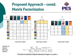 Proposed Approach - contd.
Matrix Factorization
7
Formula to calculate implicit interest of a topic i on user u
User-item matrix User-topic matrix Topic-item matrix
Impliicit v/s
Explicit
Behavior
Signals
 