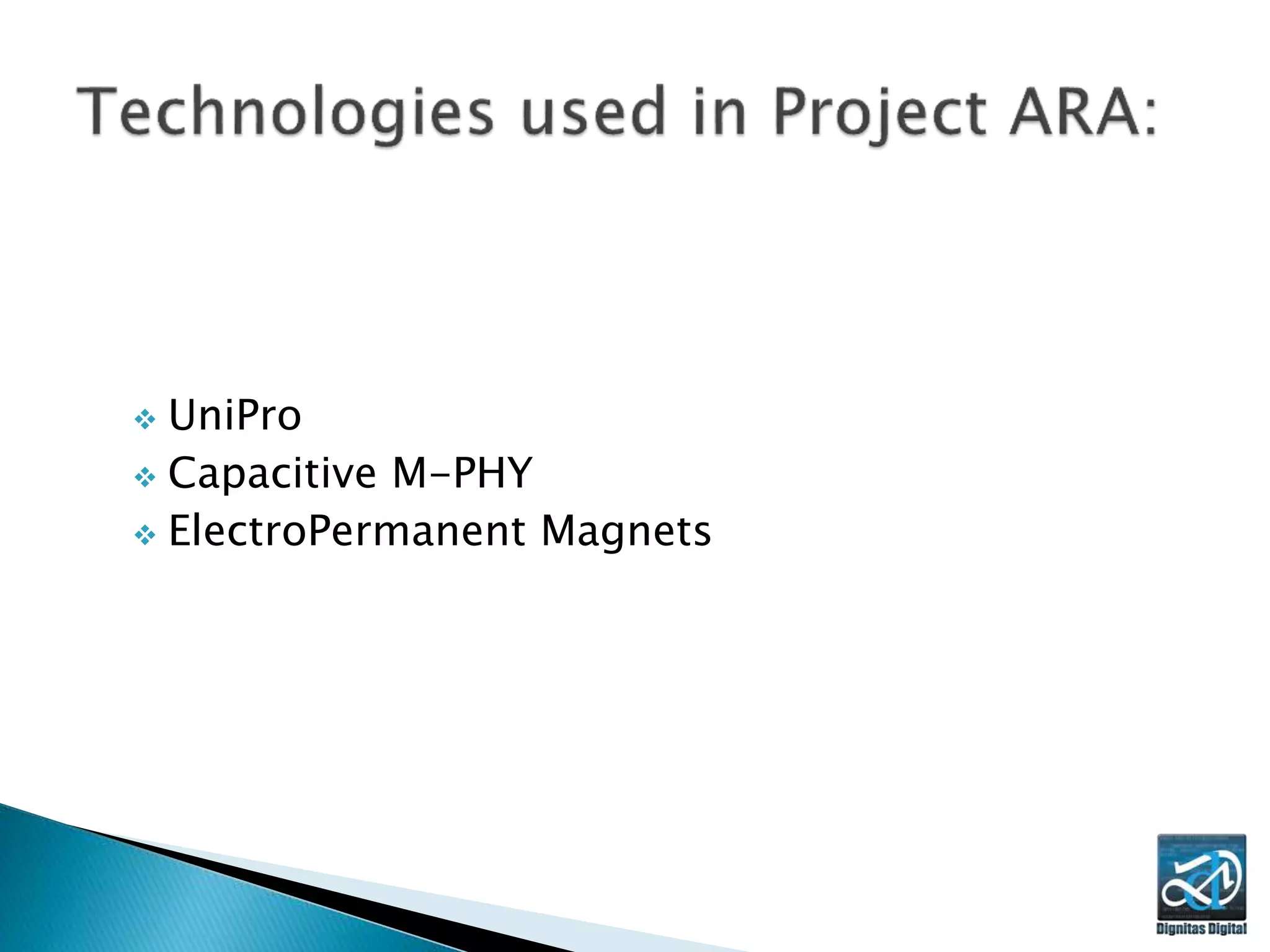  UniPro
 Capacitive M-PHY
 ElectroPermanent Magnets
 