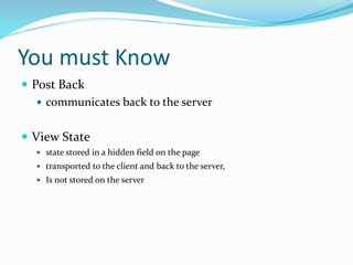 You must Know
 Post Back
 communicates back to the server
 View State
 state stored in a hidden field on the page
 transported to the client and back to the server,
 Is not stored on the server
 