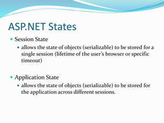 ASP.NET States
 Session State
 allows the state of objects (serializable) to be stored for a
single session (lifetime of the user’s browser or specific
timeout)
 Application State
 allows the state of objects (serializable) to be stored for
the application across different sessions.
 
