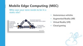 Mobile Edge Computing (MEC)
Who says your zone needs to be in a
static site?
• Autonomous vehicles
• Augmented Reality (AR...
