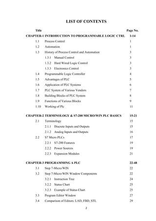 2
LIST OF CONTENTS
Title Page No.
CHAPTER-1 INTRODUCTION TO PROGRAMMABLE LOGIC CTRL 1-14
1.1 Process Control 1
1.2 Automation 1
1.3 History of Process Control and Automation 3
1.3.1 Manual Control 3
1.3.2 Hard Wired Logic Control 3
1.3.3 Electronics Control 3
1.4 Programmable Logic Controller 4
1.5 Advantages of PLC 5
1.6 Application of PLC Systems 6
1.7 PLC System of Various Vendors 7
1.8 Building Blocks of PLC System 8
1.9 Functions of Various Blocks 9
1.10 Working of Plc 11
CHAPTER-2 TERMINOLOGY & S7-200 MICRO/WIN PLC BASICS 15-21
2.1 Terminology 15
2.1.1 Discrete Inputs and Outputs 15
2.1.2 Analog Inputs and Outputs 16
2.2 S7 Micro PLCs 17
2.2.1 S7-200 Features 19
2.2.2 Power Sources 19
2.2.3 Expansion Modules 21
CHAPTER-3 PROGRAMMING A PLC 22-48
3.1 Step 7-Micro/WIN 22
3.2 Step 7-Micro/WIN Window Components 22
3.2.1 Instruction Tree 24
3.2.2 Status Chart 25
3.2.3 Example of Status Chart 25
3.3 Program Editor Window 27
3.4 Comparison of Editors: LAD, FBD, STL 29
 