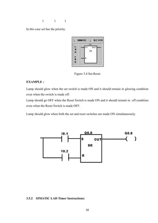 50
1 1 1
In this case set has the priority.
Figure 3.4 Set-Reset
EXAMPLE :
Lamp should glow when the set switch is made ON and it should remain in glowing condition
even when the switch is made off.
Lamp should go OFF when the Reset Switch is made ON and it should remain in off condition
even when the Reset Switch is made OFF.
Lamp should glow when both the set and reset switches are made ON simultaneously.
3.5.2 SIMATIC LAD Timer Instructions:
 