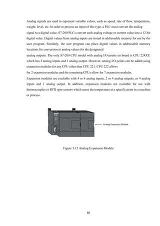 60
Analog signals are used to represent variable values, such as speed, rate of flow, temperature,
weight, level, etc. In order to process an input of this type, a PLC must convert the analog
signal to a digital value. S7-200 PLCs convert each analog voltage or current value into a 12-bit
digital value. Digital values from analog inputs are stored in addressable memory for use by the
user program. Similarly, the user program can place digital values in addressable memory
locations for conversion to analog values for the designated
analog outputs. The only S7-200 CPU model with analog I/O points on board is CPU 224XP,
which has 2 analog inputs and 1 analog output. However, analog I/O points can be added using
expansion modules for any CPU other than CPU 221. CPU 222 allows
for 2 expansion modules and the remaining CPUs allow for 7 expansion modules.
Expansion modules are available with 4 or 8 analog inputs, 2 or 4 analog outputs, or 4 analog
inputs and 1 analog output. In addition, expansion modules are available for use with
thermocouples or RTD type sensors which sense the temperature at a specific point in a machine
or process.
Figure 3.12 Analog Expansion Module
 