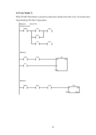 65
4.3 Case Study 3:
When START Push button is pressed an input pulse should come after every 10 seconds and a
lamp should go ON after 5 input pulses.
 