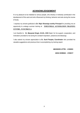 8
ACKNOWLEDGEMENT
It is my pleasure to be indebted to various people, who directly or indirectly contributed in the
development of this work and who influenced my thinking, behavior and acts during the course
of study.
I express my sincere gratitude to Dr. Rajiv Khanduja worthy Principal for providing me an
opportunity to undergo summer training at INDUSTRIAL AUTOMATION TRAINING
CENTRE , PANCHKULA
I am thankful to Er. Manpreet Singh, H.O.D., ECE Deptt. for his support, cooperation, and
motivation provided to me during for constant inspiration, presence and blessings.
I also extend my sincere appreciation to Er. Sunil Panjeta, Coordinator who provided his
valuable suggestions and precious time in accomplishing my training report.
ABHISHEK ATTRI : 4109203
ASHU DHIMAN : 4109217
 