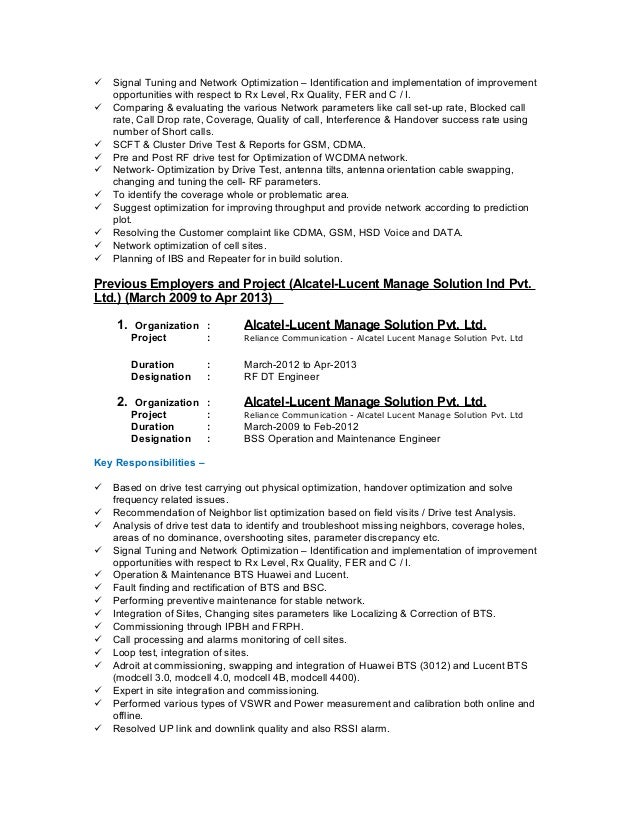 Lte rf optimization engineer resume