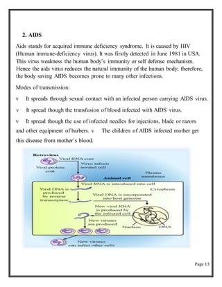 Page 13
2. AIDS
Aids stands for acquired immune deficiency syndrome. It is caused by HIV
(Human immune-deficiency virus). It was firstly detected in June 1981 in USA.
This virus weakness the human body’s immunity or self defense mechanism.
Hence the aids virus reduces the natural immunity of the human body; therefore,
the body saving AIDS becomes prone to many other infections.
Modes of transmission:
v It spreads through sexual contact with an infected person carrying AIDS virus.
v It spread though the transfusion of blood infected with AIDS virus.
v It spread though the use of infected needles for injections, blade or razors
and other equipment of barbers. v The children of AIDS infected mother get
this disease from mother’s blood.
 