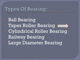  Ball Bearing 
 Taper Roller Bearing 
 Cylindrical Roller Bearing 
 Railway Bearing 
 Large Diameter Bearing 
 