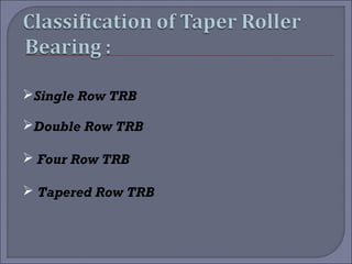 Single Row TRB 
Double Row TRB 
 Four Row TRB 
 Tapered Row TRB 
 