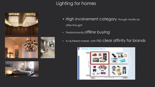 • High involvement category, though mostly an
after-thought
• Predominantly offline buying
• A cluttered market, with no clear affinity for brands
Lighting for homes
 