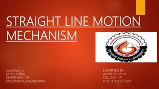 STRAIGHT LINE MOTION
MECHANISM
Submitted to:
Mr. N.S.GAIRA
DEPARTMENT OF
MECHANICAL ENGINEERING
SUBMITTED BY:
ABHISHEK JOSHI
ROLL NO - 07
B.TECH (M.E) IV SEM
 