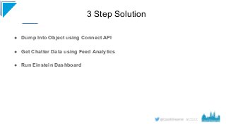 #CD22
3 Step Solution
● Dump Into Object using Connect API
● Get Chatter Data using Feed Analytics
● Run Einstein Dashboard
 