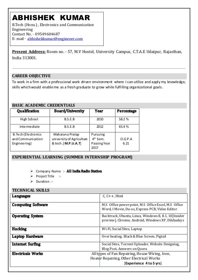 electronics freshers resume abhishek kumar c t a e site civil engineer resume