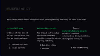 Benefits of IoT
The IoT offers numerous benefits across various sectors, improving efficiency, productivity, and overall quality of life.
Increased Efficiency
IoT devices automate tasks and
processes, reducing human effort
effort and improving efficiency.
1. Streamlined Operations
2. Reduced Downtime
Enhanced Productivity
Real-time data analysis enables
informed decision-making,
optimizing resource allocation and
improving productivity.
1. Data-driven Insights
2. Improved
Resource
Improved Safety and Security
IoT devices can monitor
environments and detect potential risks,
enhancing safety and security.
1. Real-time Monitoring
4
 