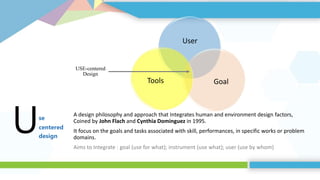 A design philosophy and approach that Integrates human and environment design factors,
Coined by John Flach and Cynthia Dominguez in 1995.
It focus on the goals and tasks associated with skill, performances, in specific works or problem
domains.
Aims to Integrate : goal (use for what); instrument (use what); user (use by whom)
User
GoalTools
USE-centered
Design
Use
centered
design
 