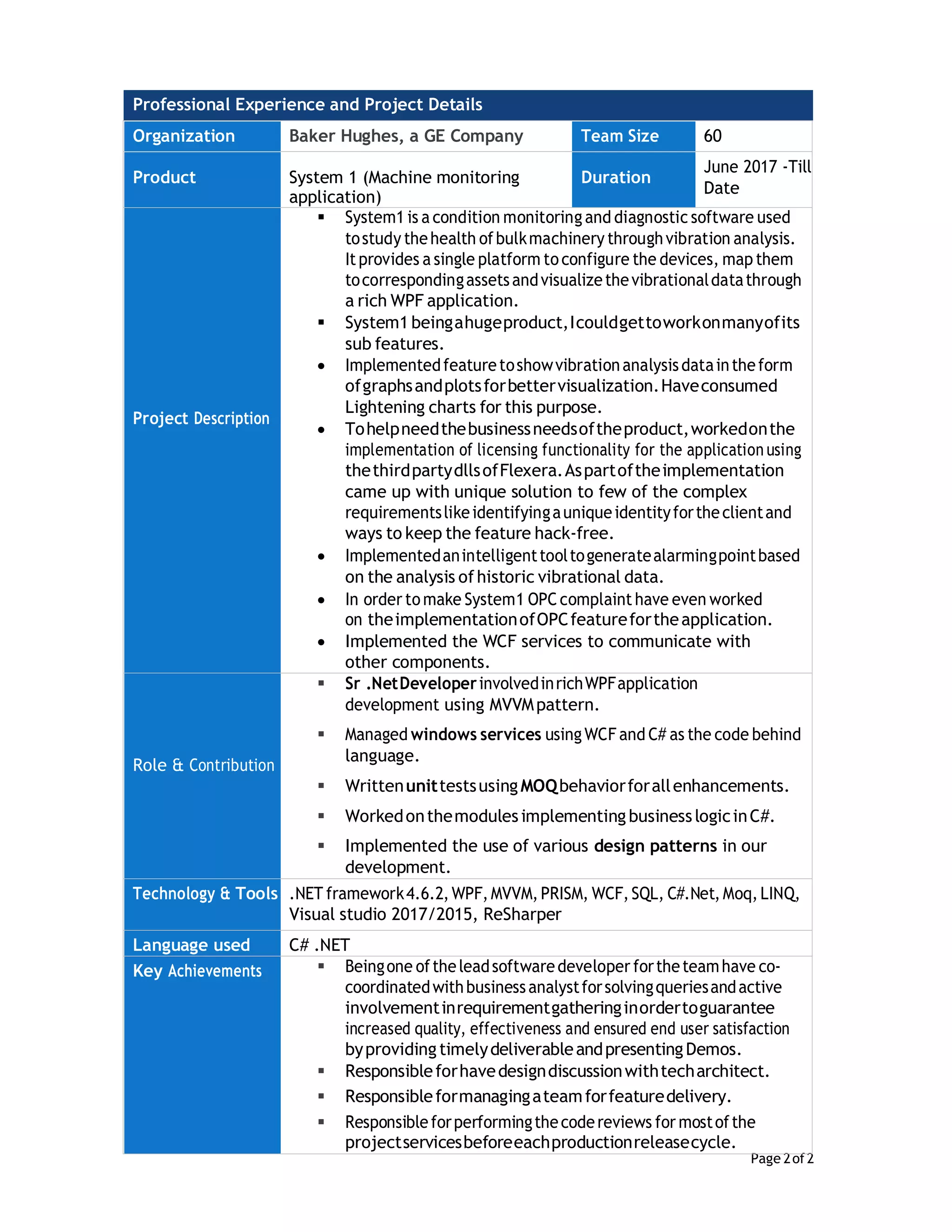 Page 2of2
Professional Experience and Project Details
Organization Baker Hughes, a GE Company Team Size 60
Product System 1 (Machine monitoring
application)
Duration
June 2017 -Till
Date
Project Description
 System1 is a condition monitoring and diagnostic software used
tostudy thehealth ofbulkmachinery throughvibration analysis.
Itprovides a single platform toconfigure the devices, map them
tocorrespondingassetsandvisualizethevibrationaldatathrough
a rich WPF application.
 System1 beingahugeproduct,Icouldgettoworkonmanyofits
sub features.
 Implementedfeaturetoshowvibrationanalysisdataintheform
ofgraphsandplotsforbettervisualization.Haveconsumed
Lightening charts for this purpose.
 Tohelpneedthebusinessneedsoftheproduct,workedonthe
implementation of licensing functionality for the application using
thethirdpartydllsofFlexera.Aspartoftheimplementation
came up with unique solution to few of the complex
requirementslikeidentifyingauniqueidentityfortheclientand
ways to keep the feature hack-free.
 Implementedanintelligenttooltogeneratealarmingpointbased
on the analysis ofhistoric vibrational data.
 In order tomake System1 OPC complaint have even worked
on theimplementationofOPCfeaturefortheapplication.
 Implemented the WCF services to communicate with
other components.
Role & Contribution
 Sr .NetDeveloperinvolvedinrichWPFapplication
development using MVVMpattern.
 Managed windows services usingWCF and C# as the code behind
language.
 WrittenunittestsusingMOQbehaviorforallenhancements.
 Workedonthemodulesimplementing businesslogicinC#.
 Implemented the use of various design patterns in our
development.
Technology & Tools .NET framework4.6.2,WPF,MVVM,PRISM, WCF,SQL, C#.Net,Moq,LINQ,
Visual studio 2017/2015, ReSharper
Language used C# .NET
Key Achievements  Beingone oftheleadsoftwaredeveloper fortheteamhave co-
coordinatedwithbusinessanalystforsolvingqueriesandactive
involvementinrequirementgatheringinordertoguarantee
increased quality, effectiveness and ensured end user satisfaction
byproviding timelydeliverableandpresentingDemos.
 Responsibleforhavedesigndiscussionwithtecharchitect.
 Responsibleformanagingateamforfeaturedelivery.
 Responsibleforperformingthecodereviews for mostofthe
projectservicesbeforeeachproductionreleasecycle.
 