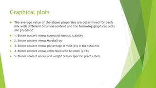 Graphical plots
 The average value of the above properties are determined for each
mix with different bitumen content and the following graphical plots
are prepared:
 1. Binder content versus corrected Marshall stability
 2. Binder content versus Marshall ow
 3. Binder content versus percentage of void (Vv) in the total mix
 4. Binder content versus voids filled with bitumen (V FB)
 5. Binder content versus unit weight or bulk specific gravity (Gm)
 