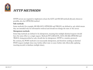 06/10/17 jit 10
HTTP METHODS
HTTP servers are required to implement at least the GET and HEAD methods [4] and, whenever
possible, also the OPTIONS method
Safe methods
Some methods (for example, HEAD, GET, OPTIONS and TRACE) are defined as safe, which means
they are intended only for information retrieval and should not change the state of the server.
Idempotent methods
Some http methods are defined to be idempotent, meaning that multiple identical requests should
have the same effect as a single request. Methods PUT, DELETE, GET, HEAD, OPTIONS and
TRACE, being prescribed as safe, should also be idempotent. HTTP is a stateless protocol.
By contrast, the POST method is not necessarily idempotent, and therefore sending an identical
POST request multiple times may further affect state or cause further side effects.(like updating
inserting records in database multiple times).
 
