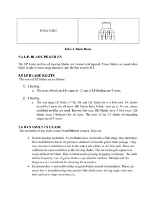 FORK ROOT 
Table 4 Blade Roots 
5.4 L.P. BLADE PROFILES 
The LP blade profiles of moving blades are twisted and tapered. These blades are used when 
blade height-to-mean stage diameter ratio (h/Dm) exceeds 0.2. 
5.5 LP BLADE ROOTS 
The roots of LP blades are as follows: 
1) 2 Blading : 
a. The roots of both the LP stages in –2 type of LP Blading are T-roots. 
2) 3 Blading: 
a. The last stage LP blade of HK, SK and LK blades have a fork-root. SK blades 
have4-fork roots for all sizes. HK blades have 4-fork roots up to 56 size, where 
modified profiles are used. Beyond this size, HK blades have 3 fork roots. LK 
blades have 3-forkroots for all sizes. The roots of the LP blades of preceding 
stages are of T-roots. 
5.6 DYNAMICS IN BLADE 
The excitation of any blade comes from different sources. They are 
 Nozzle-passing excitation: As the blades pass the nozzles of the stage, they encounter 
flow disturbances due to the pressure variations across the guide blade passage. They 
also encounter disturbances due to the wakes and eddies in the flow path. These are 
sufficient to cause excitation in the moving blades. The excitation gets repeated at 
every pitch of the blade. This is called nozzle-passing frequency excitation. The order 
of this frequency =no. of guide blades x speed of the machine. Multiples of this 
frequency are considered for checking for resonance. 
 Excitation due to non-uniformities in guide-blades around the periphery. These can 
occur due to manufacturing inaccuracies, like pitch errors, setting angle variations, 
inlet and outlet edge variations, etc. 
 