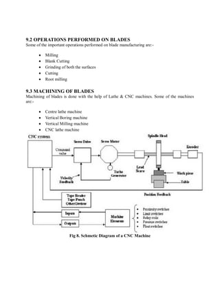 9.2 OPERATIONS PERFORMED ON BLADES 
Some of the important operations performed on blade manufacturing are:- 
 Milling 
 Blank Cutting 
 Grinding of both the surfaces 
 Cutting 
 Root milling 
9.3 MACHINING OF BLADES 
Machining of blades is done with the help of Lathe & CNC machines. Some of the machines 
are:- 
 Centre lathe machine 
 Vertical Boring machine 
 Vertical Milling machine 
 CNC lathe machine 
Fig 8. Schmetic Diagram of a CNC Machine 
 