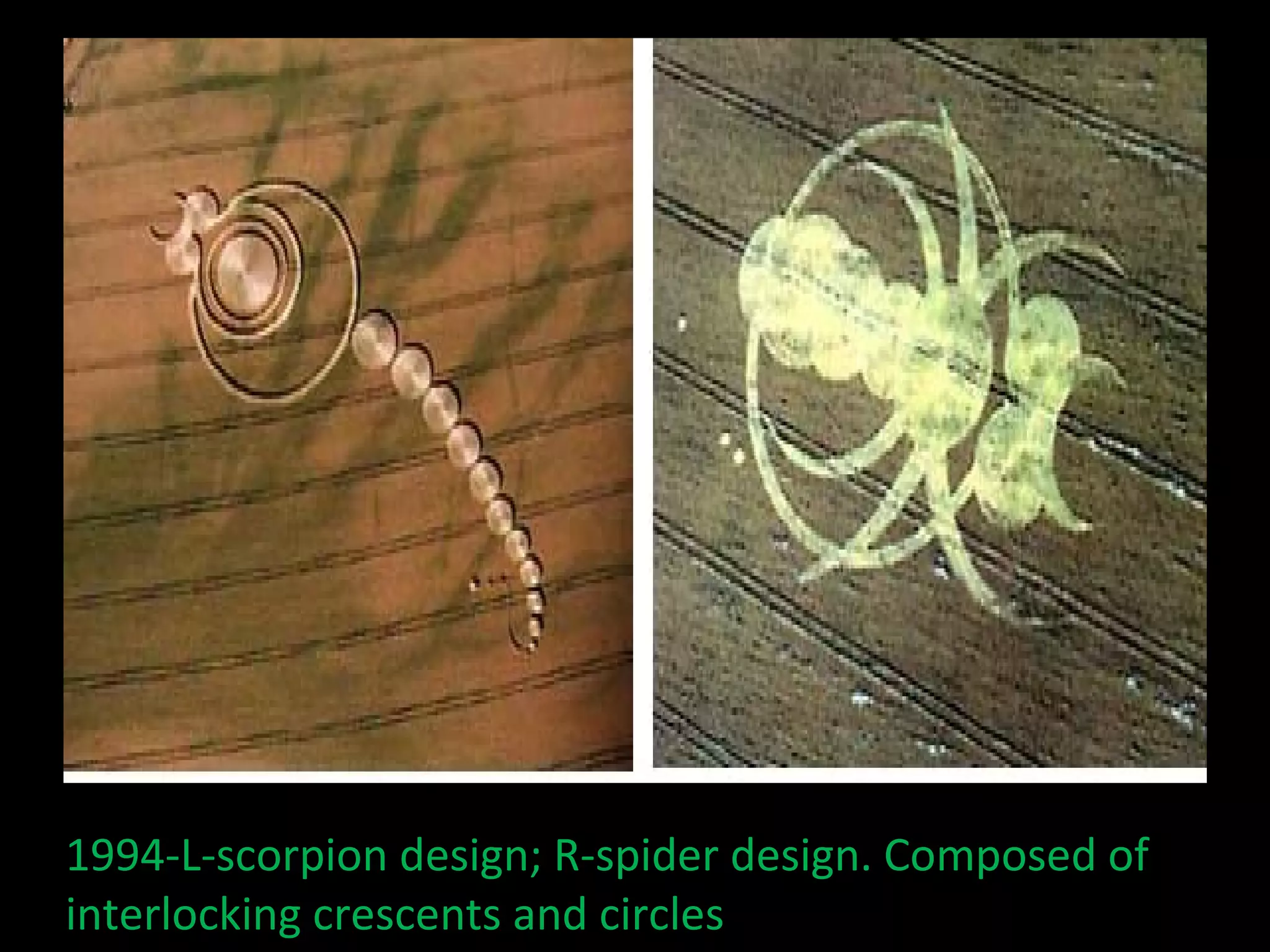 1994-L-scorpion design; R-spider design. Composed of
interlocking crescents and circles
 