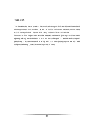 Turnover:

The sharekhan has placed over US$ 5 billion in private equity deals and It has 60 institutional
clients spread over India, Far East, UK and US. Foreign Institutional Investors generate about
65% of the organization’s revenue, with a daily turnover of over US$ 2 million.
In India 620 share shops across 280 cities, 3,68,000 customers & growing with 500 account
opening per day, online business is 47% and 3,000employees .At present entire company
processing 2, 30,000 transaction in a day and 3500 funds paying/payouts per day. And
company expecting 7, 50,000 transaction per day in future.




                                              10
 