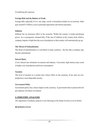 Crystallizing the exposure.


Foreign Debt and the Balance of Trade
Foreign debt, especially if it is very large, can be a tremendous burden on an economy. India
pays around $ 5 billion a year in principal repayments and interest payments.


Inflation
Inflation has an enormous effect in the economy. Within the country it erodes purchasing
power. As a consequence, demand falls. If the rate of inflation in the country from which a
company imports is high then the cost of production in that country will automatically go up.


The Threat of Nationalization
The threat of nationalization is a real threat in many countries – the fear that a company may
become nationalized.


Interest Rates
A low interest rate stimulates investment and industry. Conversely, high interest rates result
in higher cost of production and lower consumption.


Taxation
The level of taxation in a country has a direct effect on the economy. If tax rates are low,
people have more disposable income.


Government Policy
Government policy has a direct impact on the economy. A government that is perceived to be
pro-industry will attract investment.


2. INDUSTRY ANALYSIS
The importance of industry analysis is now dawning on the Indian investor as never before.


BUSINESS CYCLE




                                             17
 