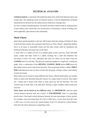 TECHNICAL ANALYSIS

Technical analysis is concerned with predicting future price trends from historical price and
volume data. The underlying axiom of technical analysis is that all fundamentals (including
expectations) are factored into the market and are reflected in exchange rates.
It is also a method of predicting price movements and future market trends by studying charts
of past market action which take into account price of instruments, volume of trading and,
where applicable, open interest in the instruments.


Stock Charts
Stock charts gained popularity in the late 19th Century from the writings of Charles H. Dow
in the Wall Street Journal. His comments, later known as "Dow Theory", alleged that markets
move in all kinds of measurable trends and that these trends could be deciphered and
predicted in the price movement seen on all charts.
A stock chart is a simple two-axis (x-y) plotted graph of price and time. Each individual
equity, market and index listed on a public exchange has a chart that illustrates this
movement of price over time. Individual data plots for charts can be made using the
CLOSING price for each day. The plots are connected together in a single line, creating the
graph. Also, a combination of the OPENING, CLOSING, HIGH and/or LOW prices for
that market session can be used for the data plots. This second type of data is called a PRICE
BAR. Individual price bars are then overlaid onto the graph, creating a dense visual display
of stock movement.
Stock charts can be created in many different time frames. Mutual fund holders use monthly
charts in which each individual data plot consists of a single month of activity. Day traders
use 1 minute and 5 minute stock charts to make quick buy and sell decisions. The most
common type of stock chart is the daily plot, showing a single complete market session for
each unit.
Stock charts can be drawn in two different ways. An ARITHMETIC chart has equal
vertical distances between each unit of price. A LOGARITHMIC chart is a percentage
growth chart. It has equal vertical distances between the same percentages of price growth.
For example, a price movement from 10 to 20 is a 100% move. A move from 20 to 40 is also
a 100% move. For this reason, the vertical distance from 10 to 20 and the vertical distance
from 20 to 40 will be identical on a logarithmic chart.



                                              25
 