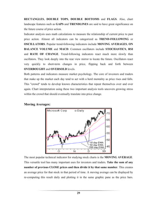 RECTANGLES, DOUBLE TOPS, DOUBLE BOTTOMS and FLAGS. Also, chart
landscape features such as GAPS and TRENDLINES are said to have great significance on
the future course of price action.
Indicator analysis uses math calculations to measure the relationship of current price to past
price action. Almost all indicators can be categorized as TREND-FOLLOWING or
OSCILLATORS. Popular trend-following indicators include MOVING AVERAGES, ON
BALANCE VOLUME and MACD. Common oscillators include STOCHASTICS, RSI
and RATE OF CHANGE. Trend-following indicators react much more slowly than
oscillators. They look deeply into the rear view mirror to locate the future. Oscillators react
very quickly to short-term changes in price, flipping back and forth between
OVERBOUGHT and OVERSOLD levels.
Both patterns and indicators measure market psychology. The core of investors and traders
that make up the market each day tend to act with a herd mentality as price rises and falls.
This "crowd" tends to develop known characteristics that repeat themselves over and over
again. Chart interpretation using these two important analysis tools uncovers growing stress
within the crowd that should eventually translate into price change.


Moving Averages:




The most popular technical indicator for studying stock charts is the MOVING AVERAGE.
This versatile tool has many important uses for investors and traders. Take the sum of any
number of previous CLOSE prices and then divide it by that same number. This creates
an average price for that stock in that period of time. A moving average can be displayed by
re-computing this result daily and plotting it in the same graphic pane as the price bars.




                                              29
 